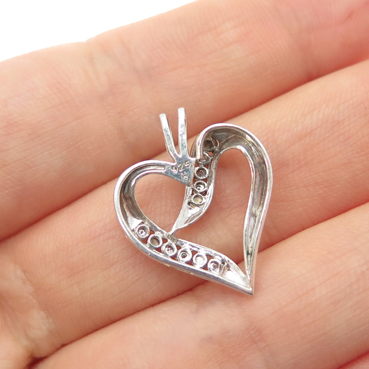 925 Sterling Silver Real Round-Cut Diamond Heart Charm Pendant