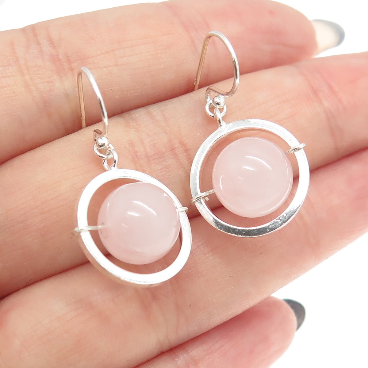 925 Sterling Silver Real Rose Quartz Saturn Dangling Earrings