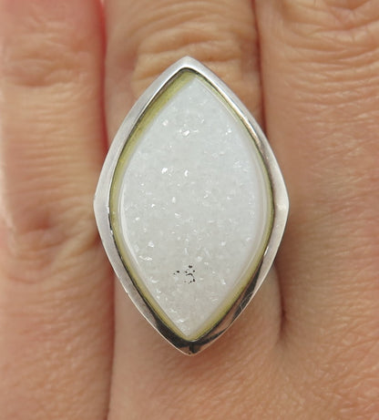 WHITNEY KELLY 925 Sterling Silver Vintage Real Marquise-Cut Druzy Ring Size 6