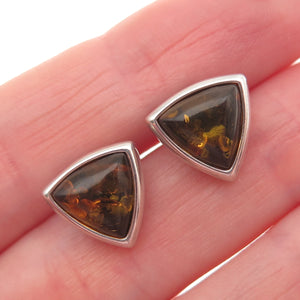 925 Sterling Silver Vintage Real Amber Triangle Stud Earrings
