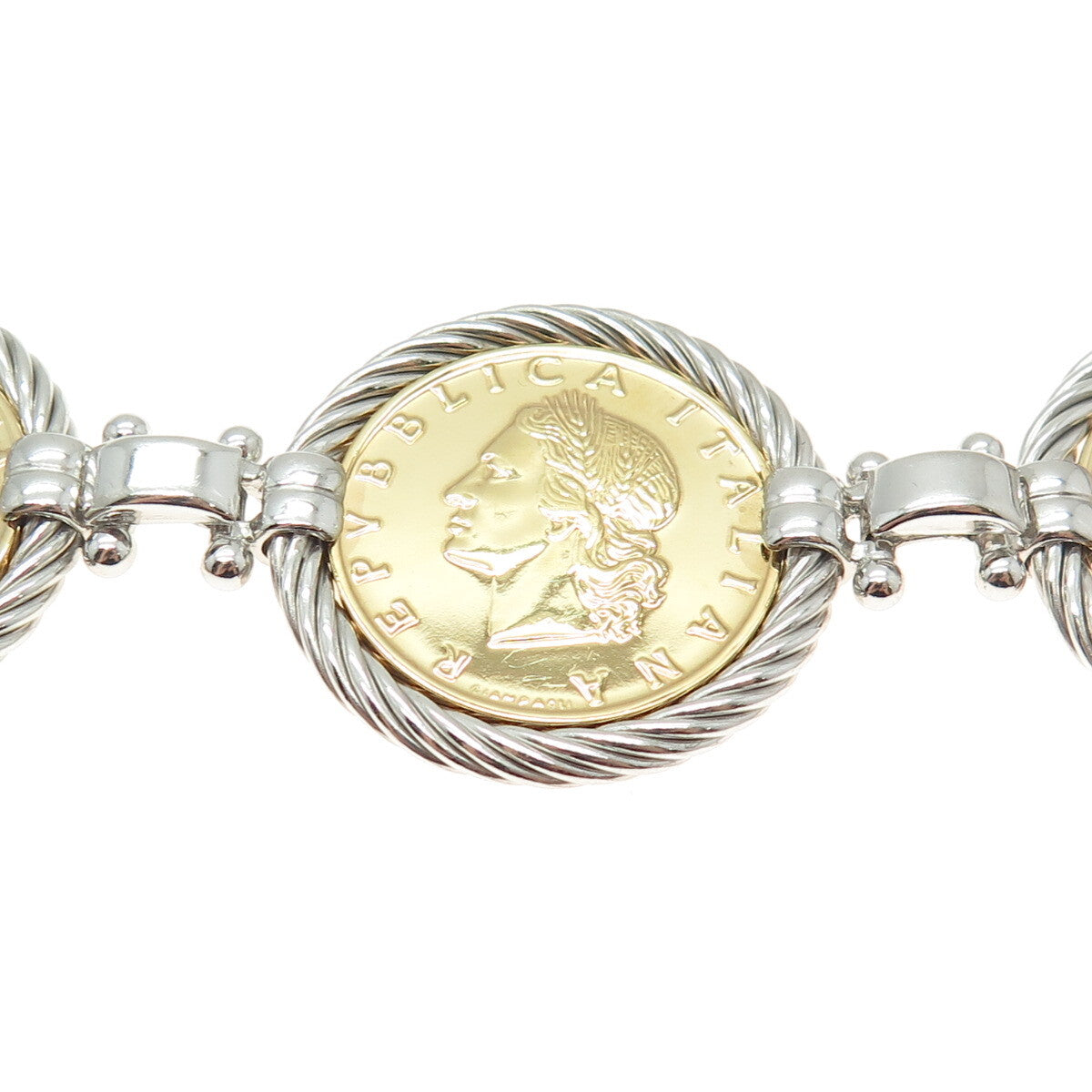 DASAN INC Sterling Vintage Italy "20 Lira 1970 Coin" Magnetic Lock Bracelet 7"