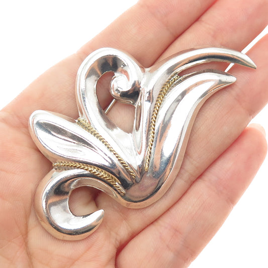 LATON 925 Sterling Silver 2-Tone Vintage Mexico Modernist Floral Pin Brooch