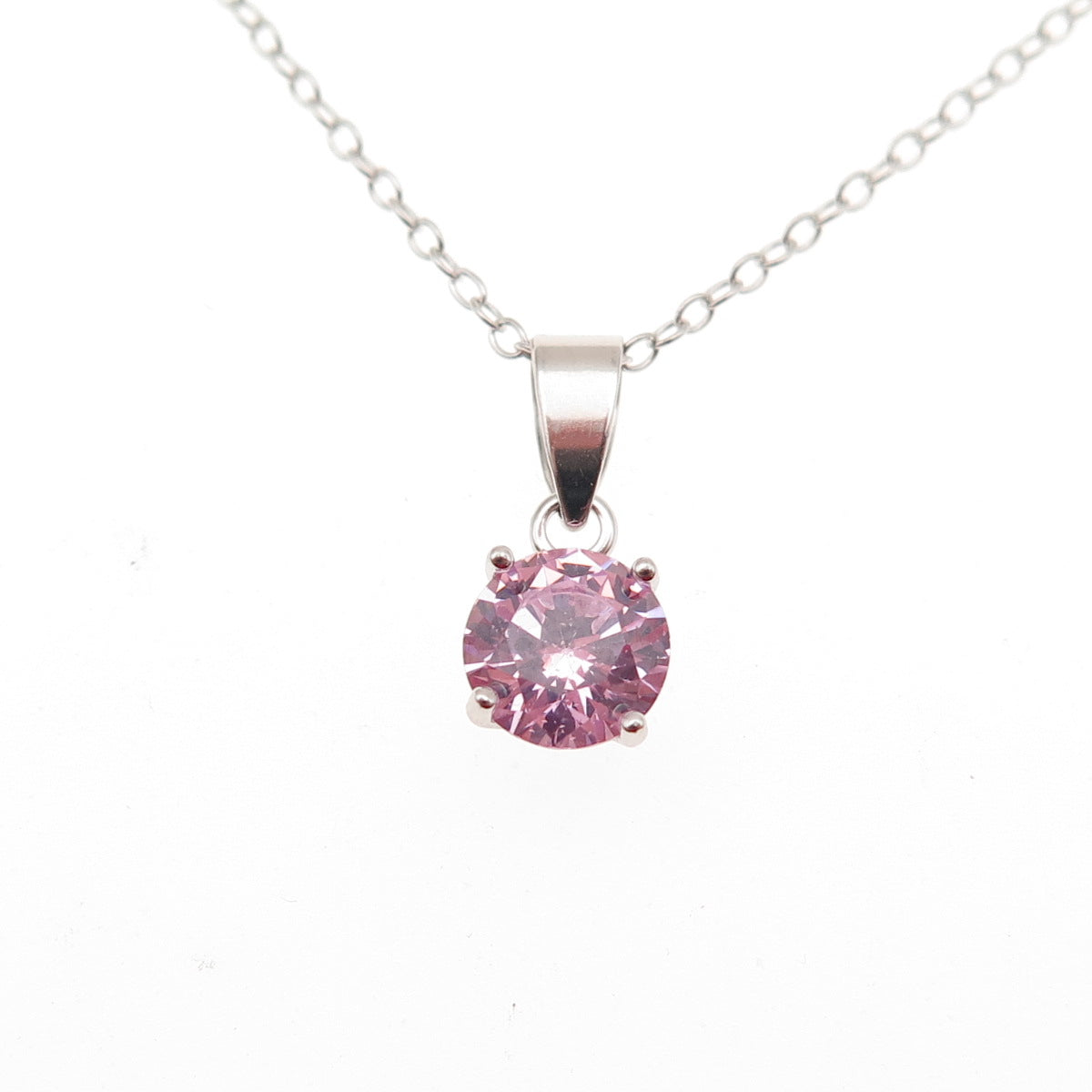 925 Sterling Silver Round-Cut Pink C Z Cable Chain Necklace 16-18"