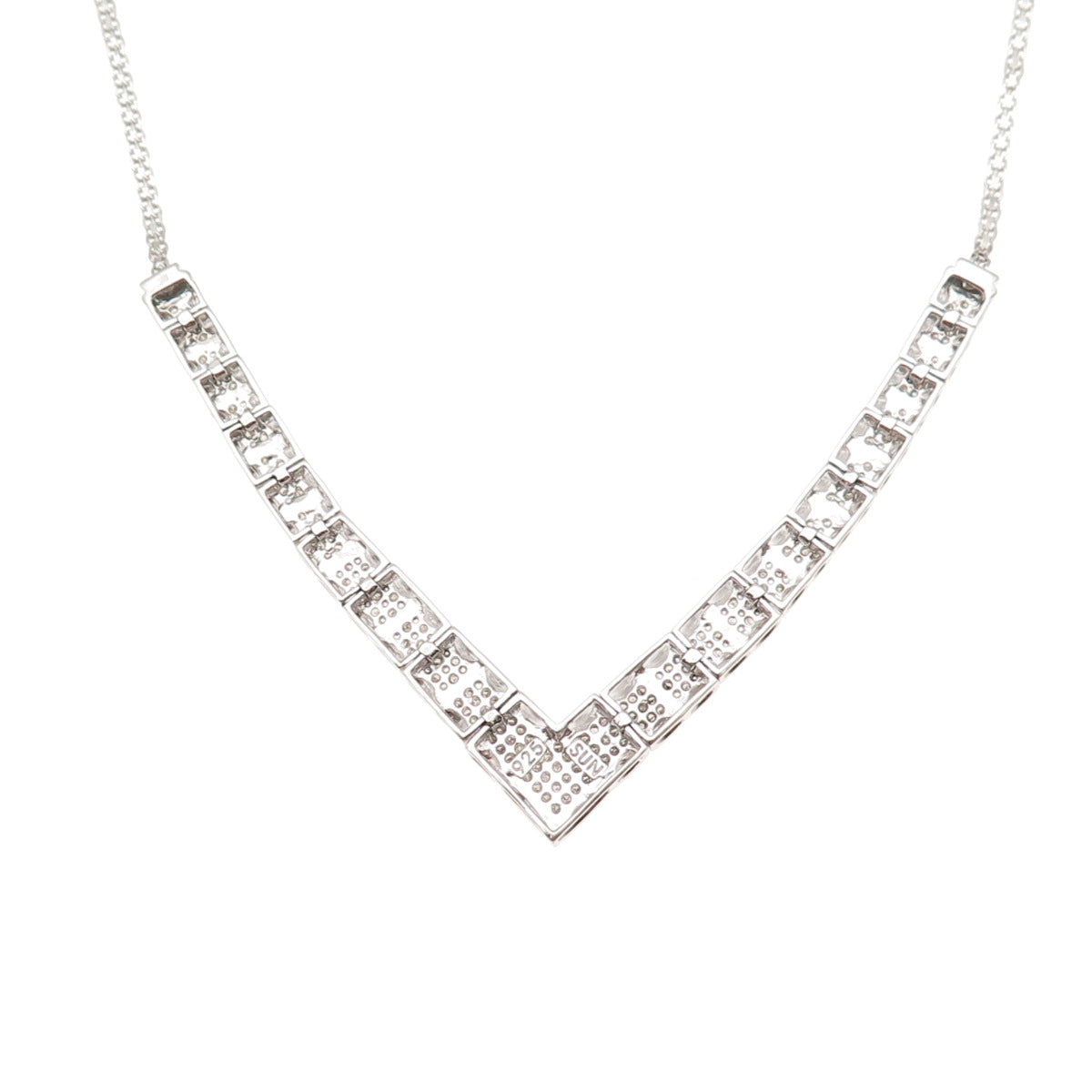 Sun 925 Sterling Silver Real Diamond V-Shape Bismark Chain Necklace 18"