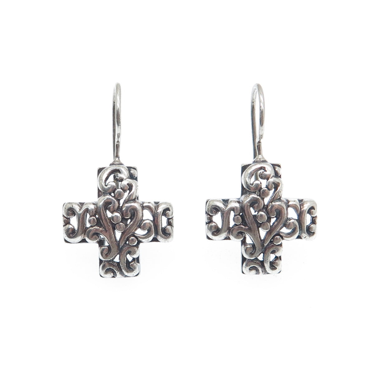 SX SALLY C 925 Sterling Silver Vintage Ornate Cross Oxidized Dangle Earrings