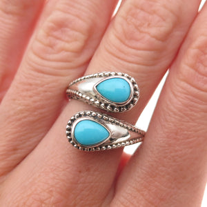 925 Sterling Silver Vintage Real Turquoise Oxidized Adjustable Ring Size 8.25