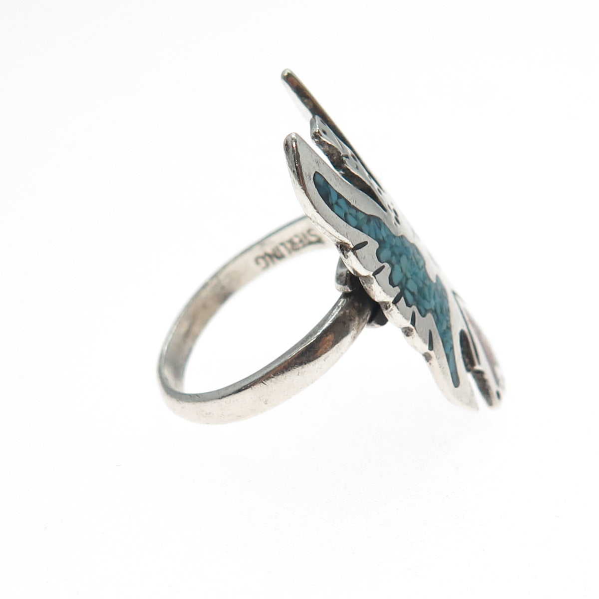 JERRY COWBOY Old Pawn 925 Sterling Turquoise Coral Inlay Peyote Ring Size 6.25