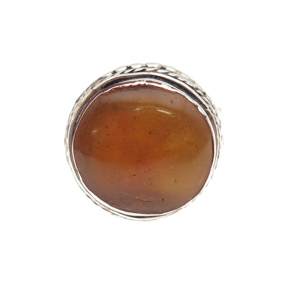 925 Sterling Silver Vintage Real Amber Modernist Oxidized Ring Size 6.5