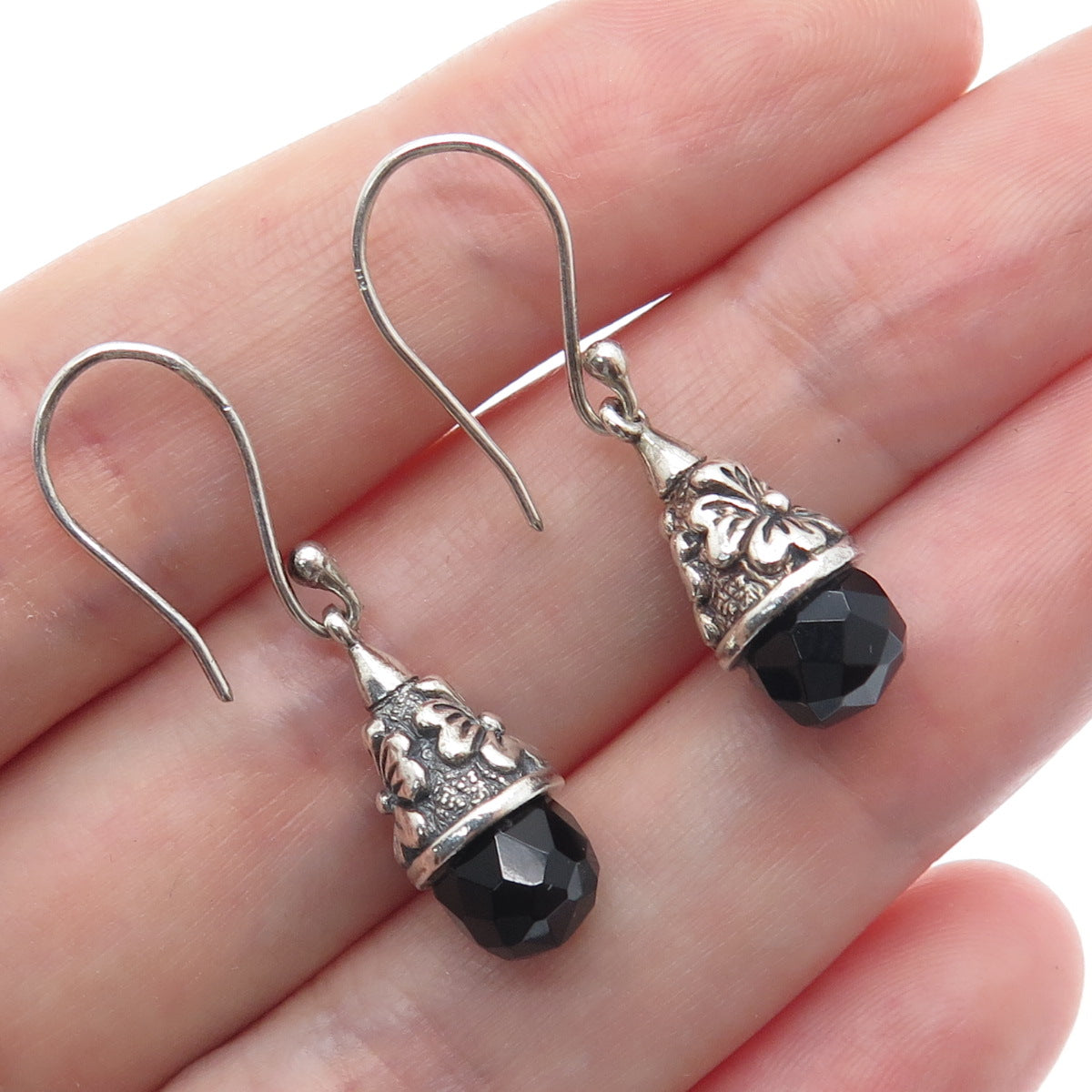 925 Sterling Silver Vintage Real Black Spinel Gemstone Floral Dangle Earrings