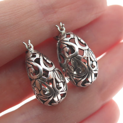 JEZLAINE 925 Sterling Silver Vintage Oxidized Ornate Heart Hoop Earrings