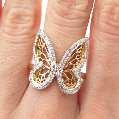 DBJ DEE BERKLE Sterling Silver Gold Plated Real Diamond Butterfly Ring Size 10