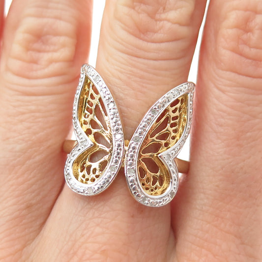 DBJ DEE BERKLE Sterling Silver Gold Plated Real Diamond Butterfly Ring Size 10