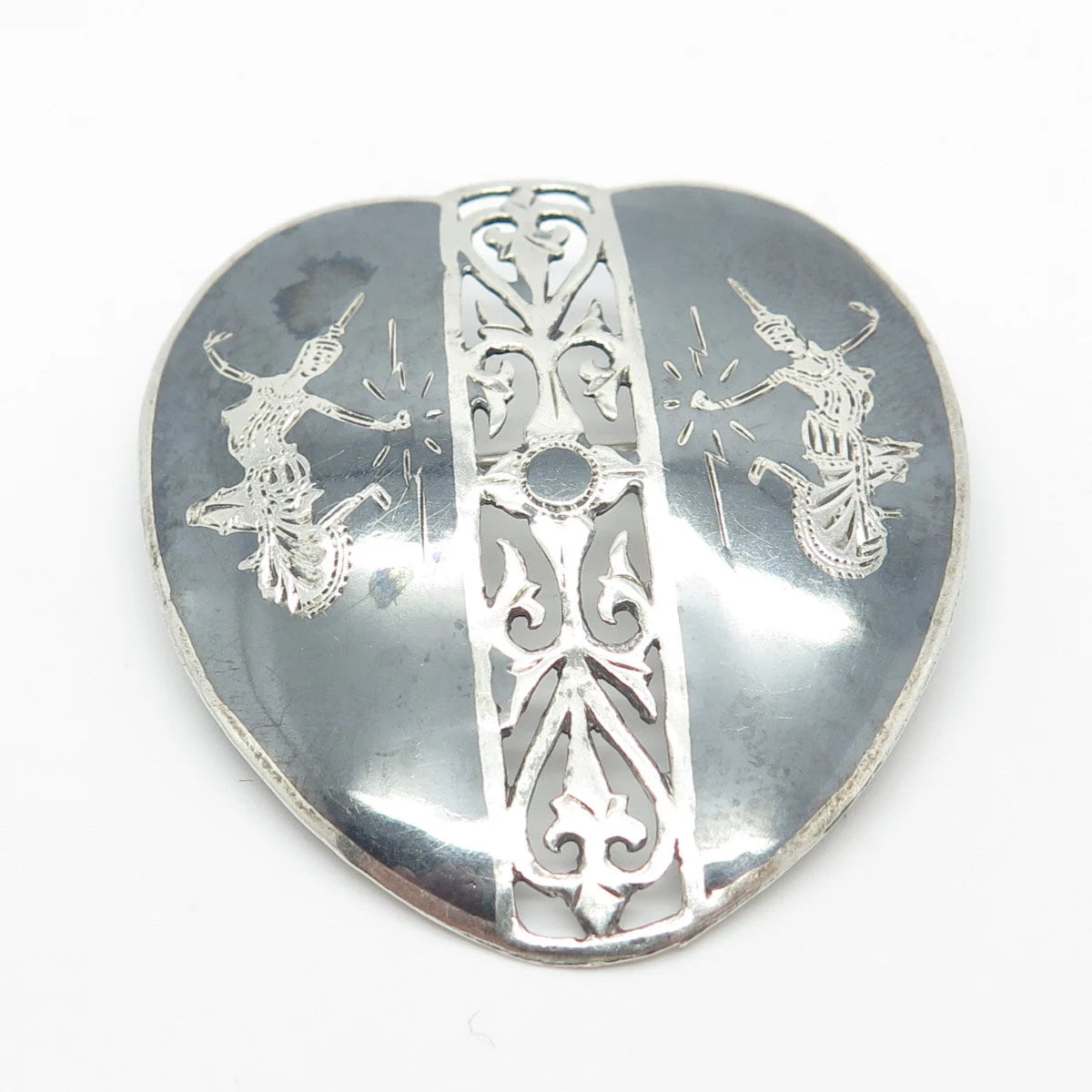 925 Sterling Silver Vintage Siam Niello Hindu Goddess Ornate Pin Brooch