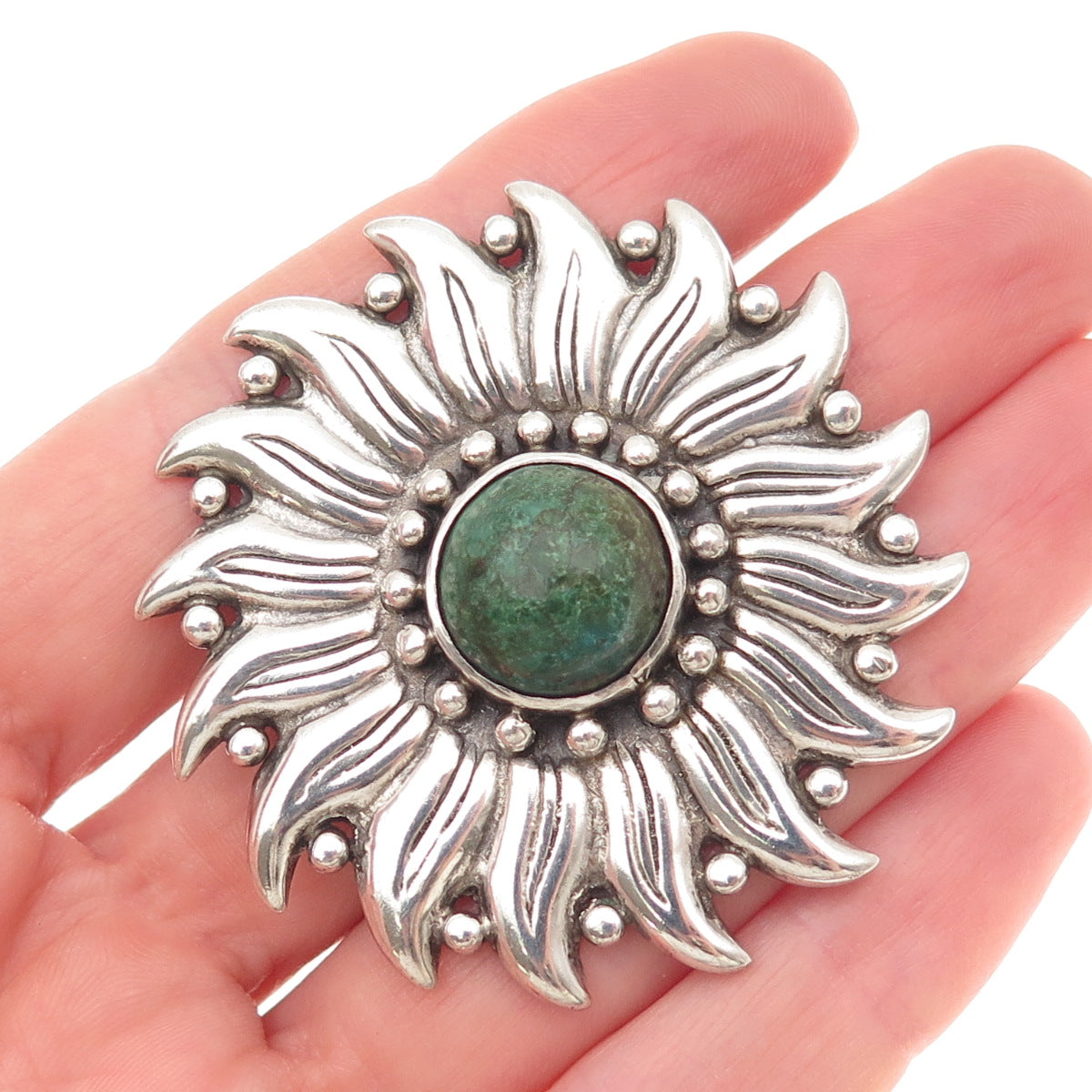 HECTOR AGUILAR 940 Silver Vintage Mexico Real Azurite Flower Oxidized Pin Brooch