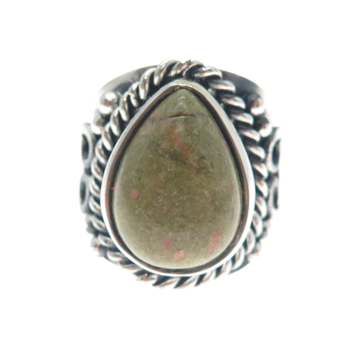 925 Sterling Silver Vintage Real Pear-Cut Unakite Heart Oxidized Ring Size 8.75