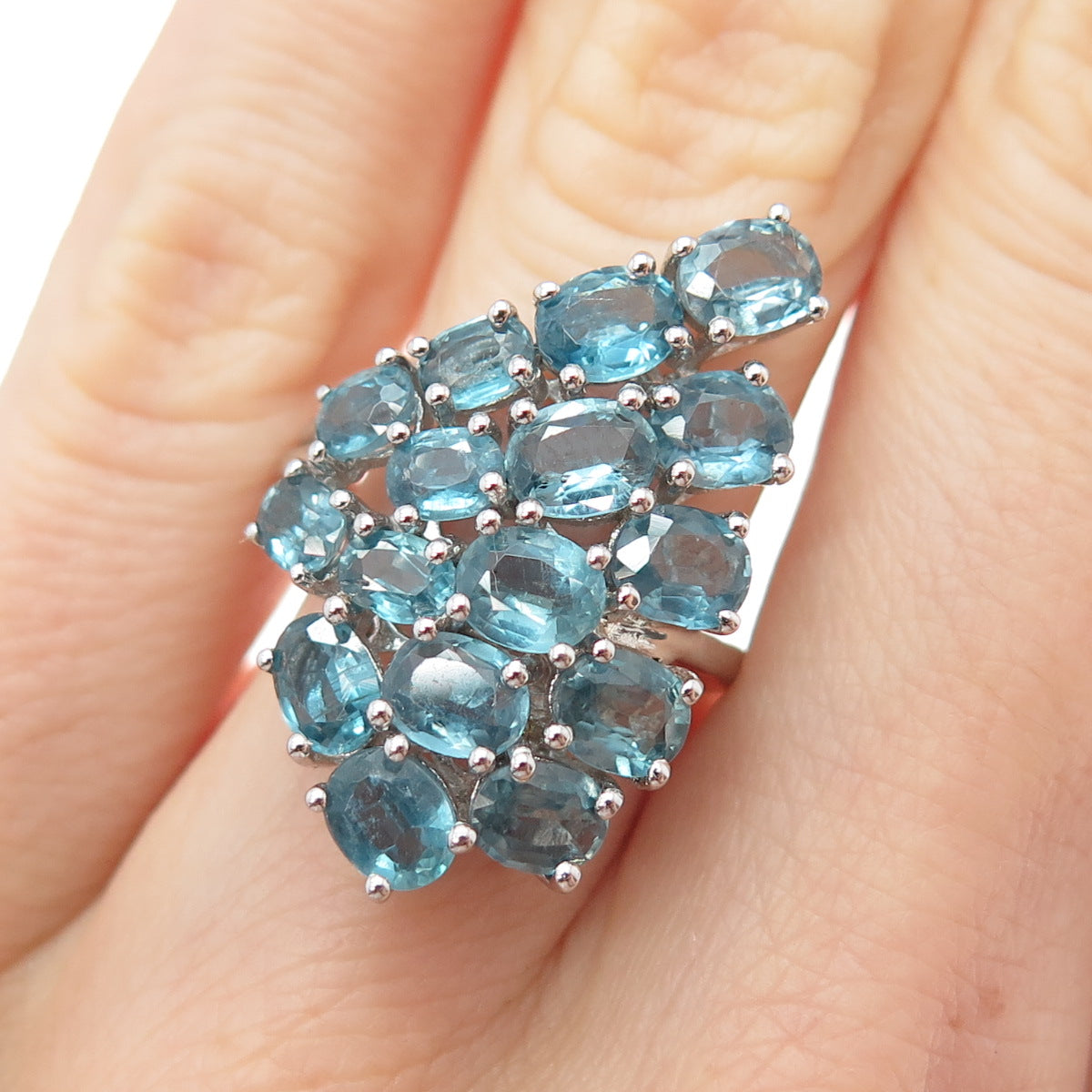 925 Sterling Silver Real Oval-Cut Blue Topaz Wing Cluster Ring Size 5.5