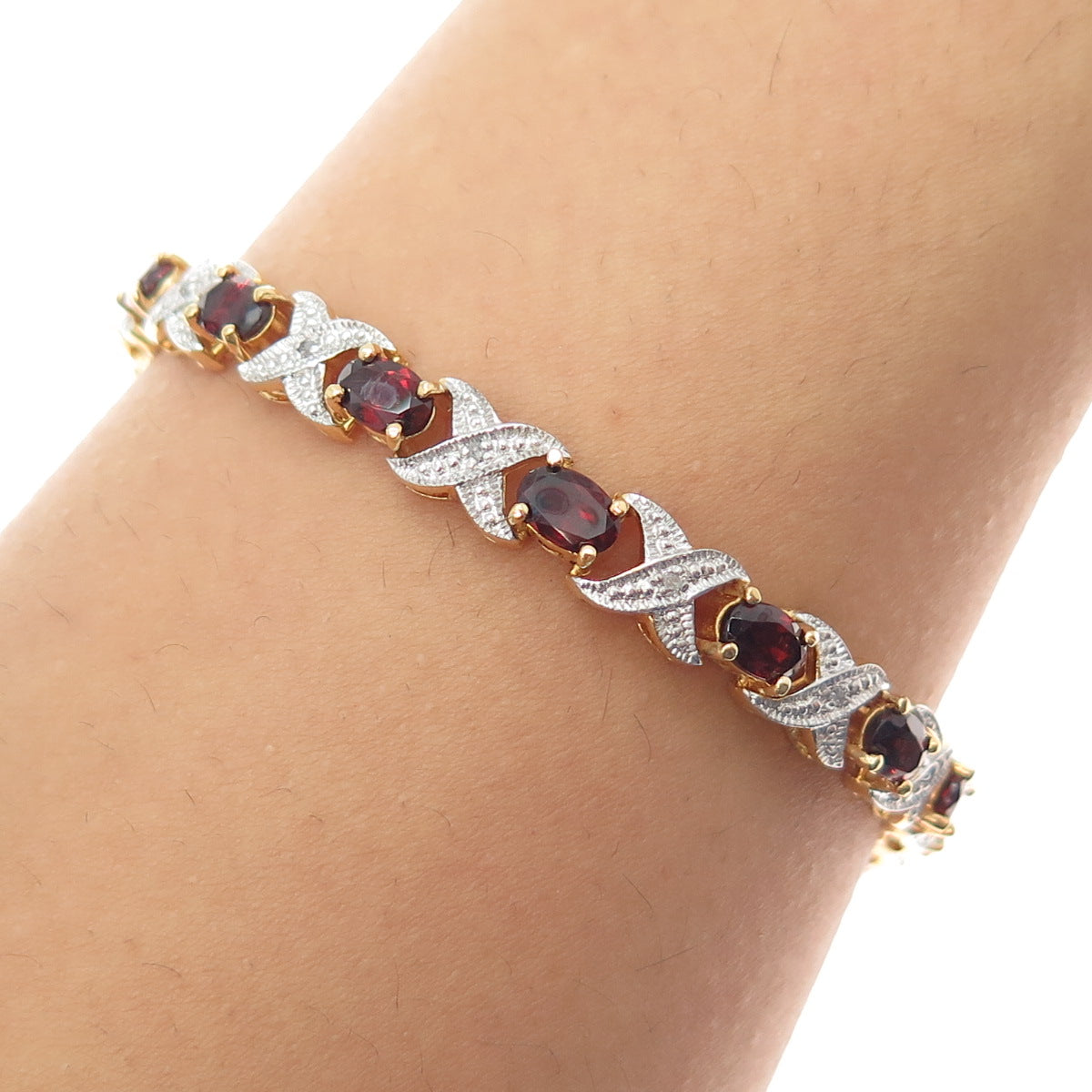 SETA Gold Plated Real Diamond Red Garnet Hugs & Kisses Bracelet 7"
