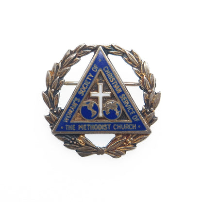 925 Sterling Silver Gold Plated Antique Enamel WSCS Methodist Church Pin Brooch