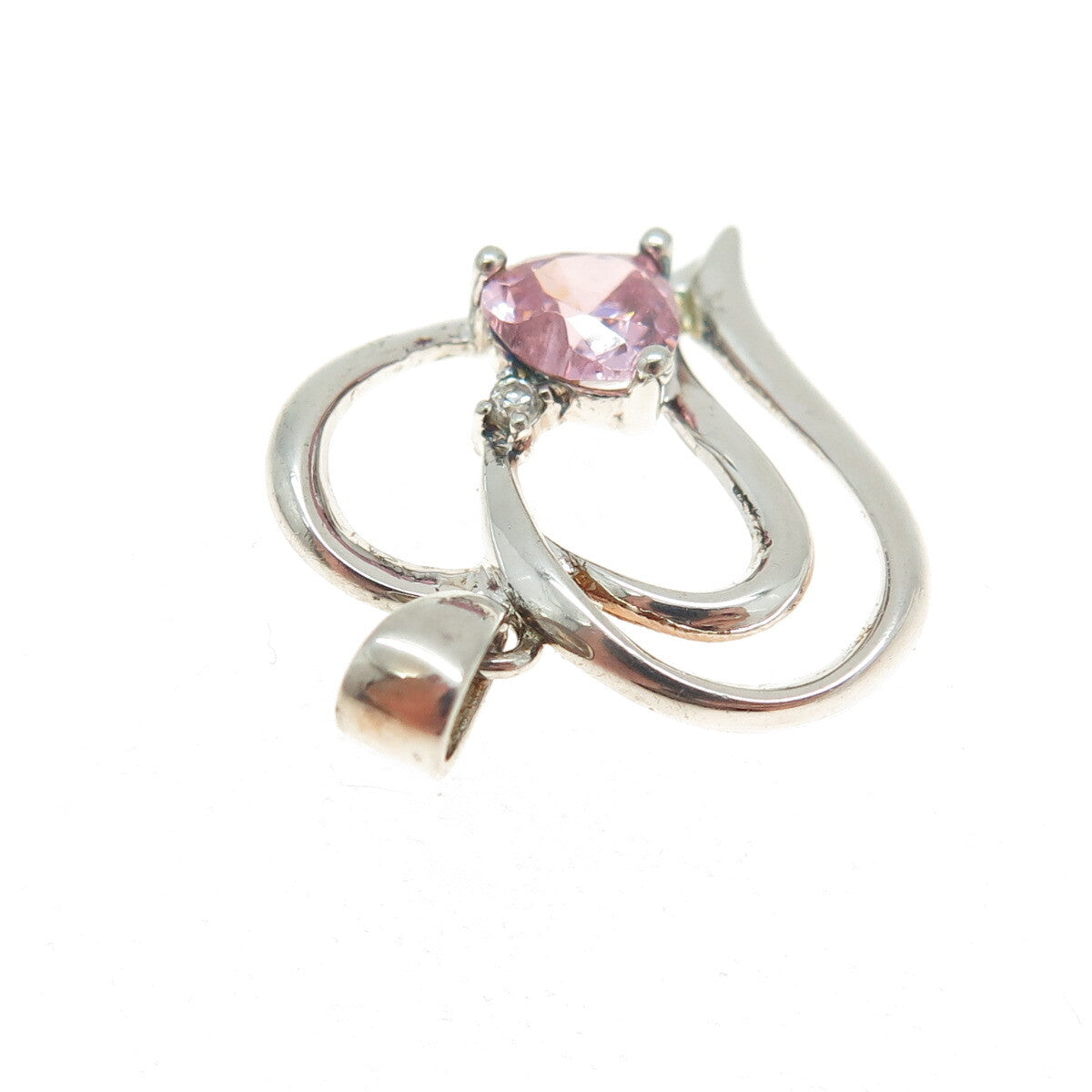 HAN 925 Sterling Silver White & Pink C Z Open Heart Pendant