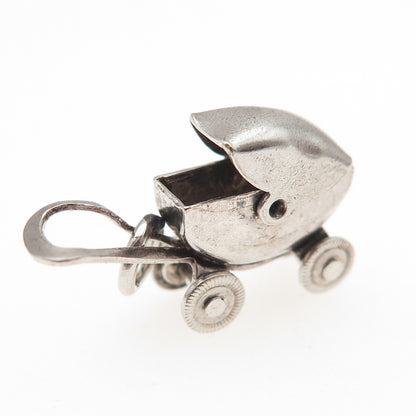 925 Sterling Antique Art Deco Mexico Baby Stroller Movable 3D Mini Charm Pendant