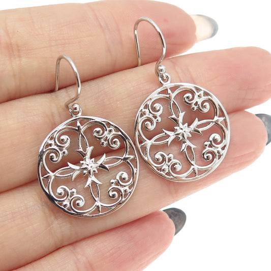 925 Sterling Silver Fleur de Lis & Cross Round Dangling Earrings