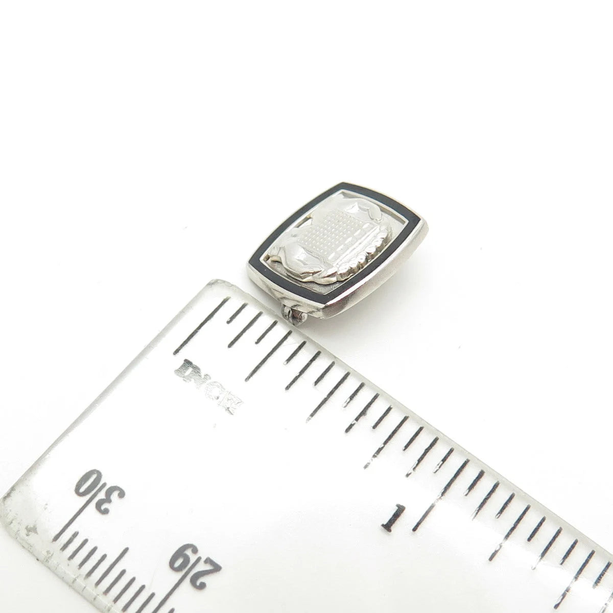925 Sterling Silver Vintage cTo Black Enamel Protect Buildings Pin Brooch