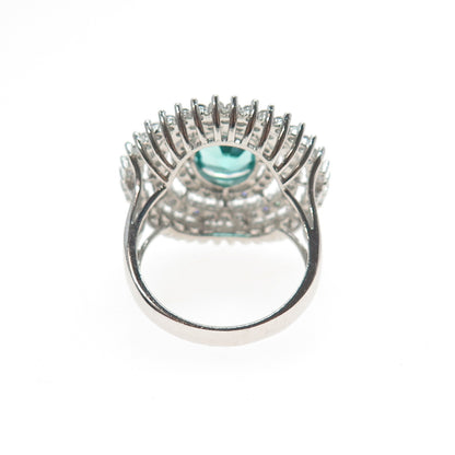 925 Sterling Silver Oval-Cut Paraiba & White C Z Bohemian Ring Size 8.25