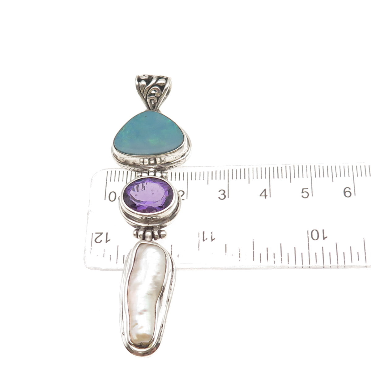 925 Sterling Silver Vintage Real Pearl Opal Lab-Created Peacock Sapphire Pendant