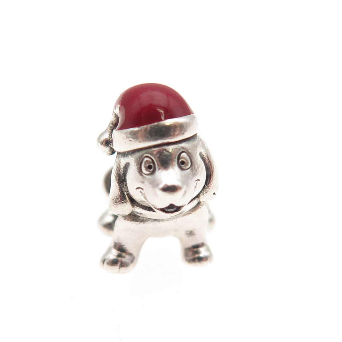 PANDORA 925 Sterling Silver Enamel Christmas Puppy Dog Slide Bead Charm