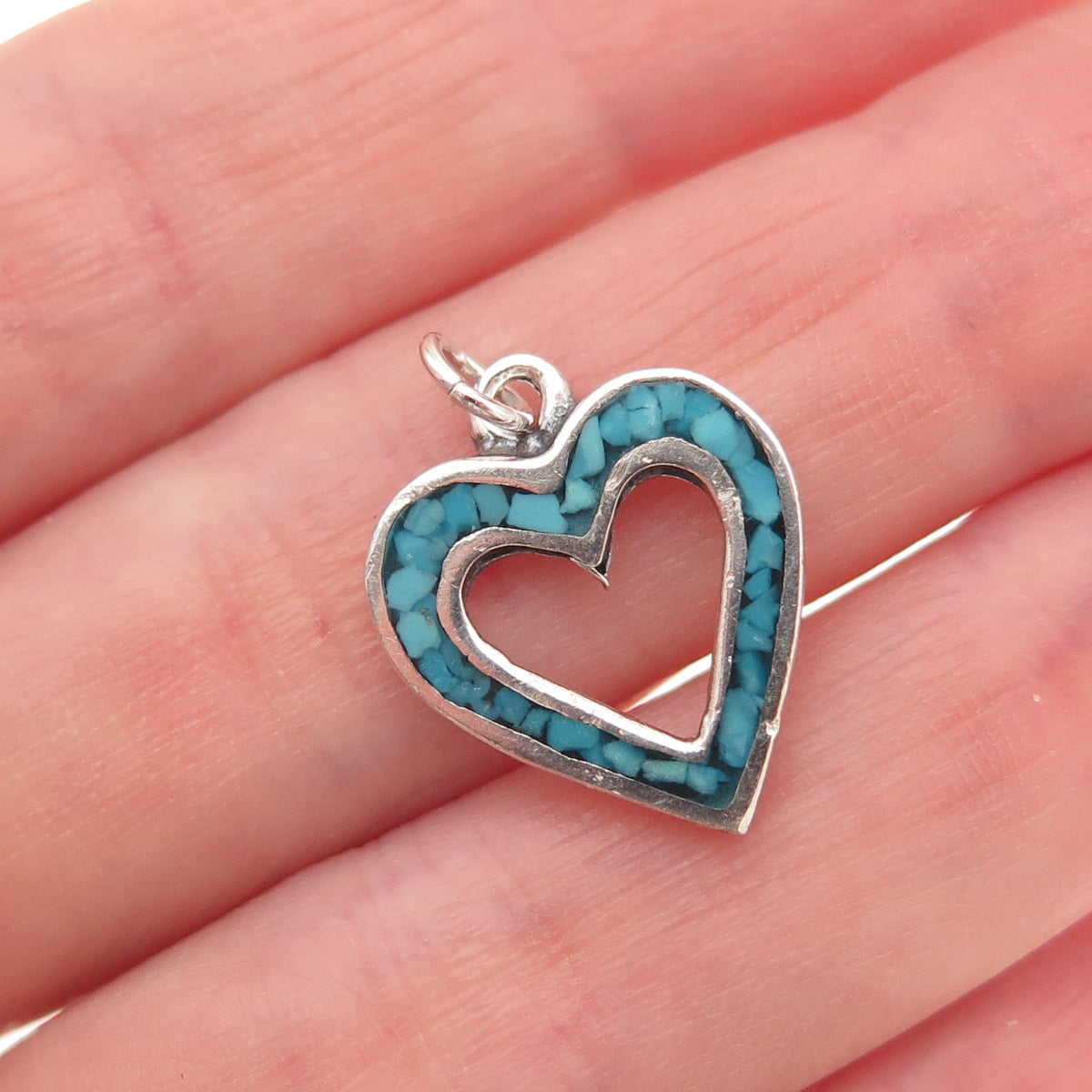 Tommy Long Old Pawn Sterling Silver Vintage Turquoise Inlay Heart Charm Pendant