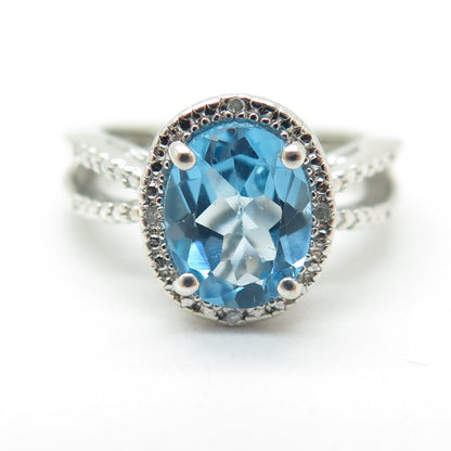 925 Sterling Silver Real White Diamond Accent & Blue Topaz Gem Ring Size 5.75