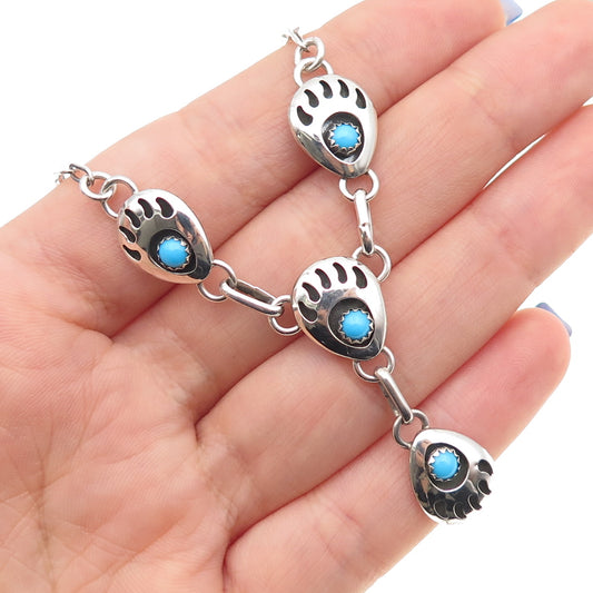 Old Pawn Sterling Silver Vintage Turquoise Bear Paw Tribal Chain Necklace 16"