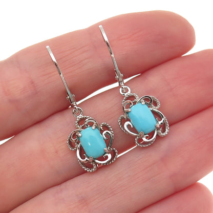 925 Sterling Silver Real Sleeping Beauty Turquoise Floral Dangle Earrings
