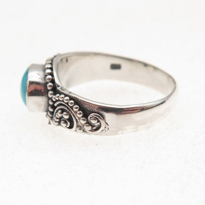 925 Sterling Silver Vintage Real Turquoise Granulated Oxidized Ring Size 8.25