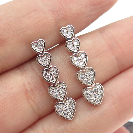 925 Sterling Silver Round-Cut C Z Graduated Heart Drop Earrings