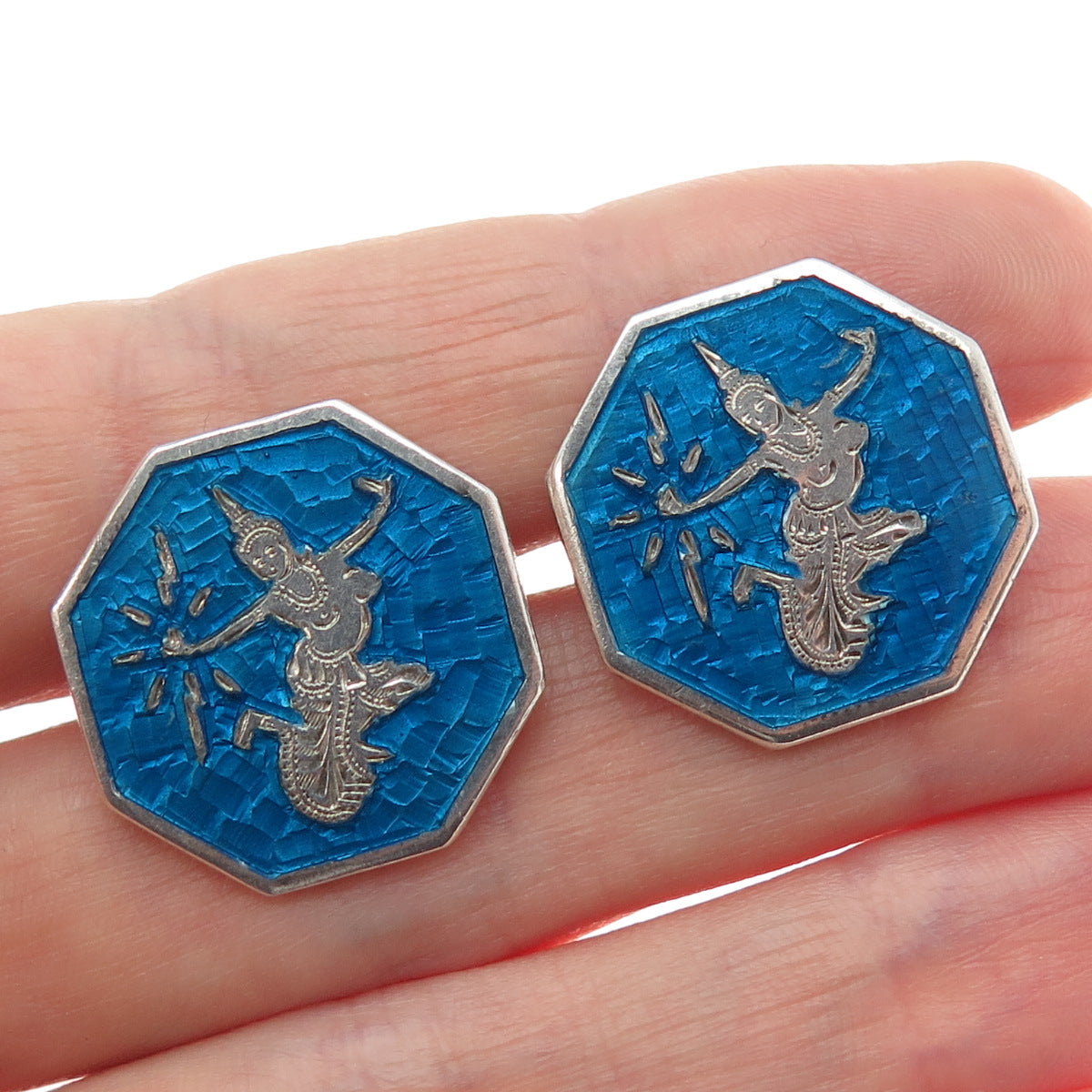 925 Sterling Silver Antique Siam Enamel Hindu Goddess Cufflinks