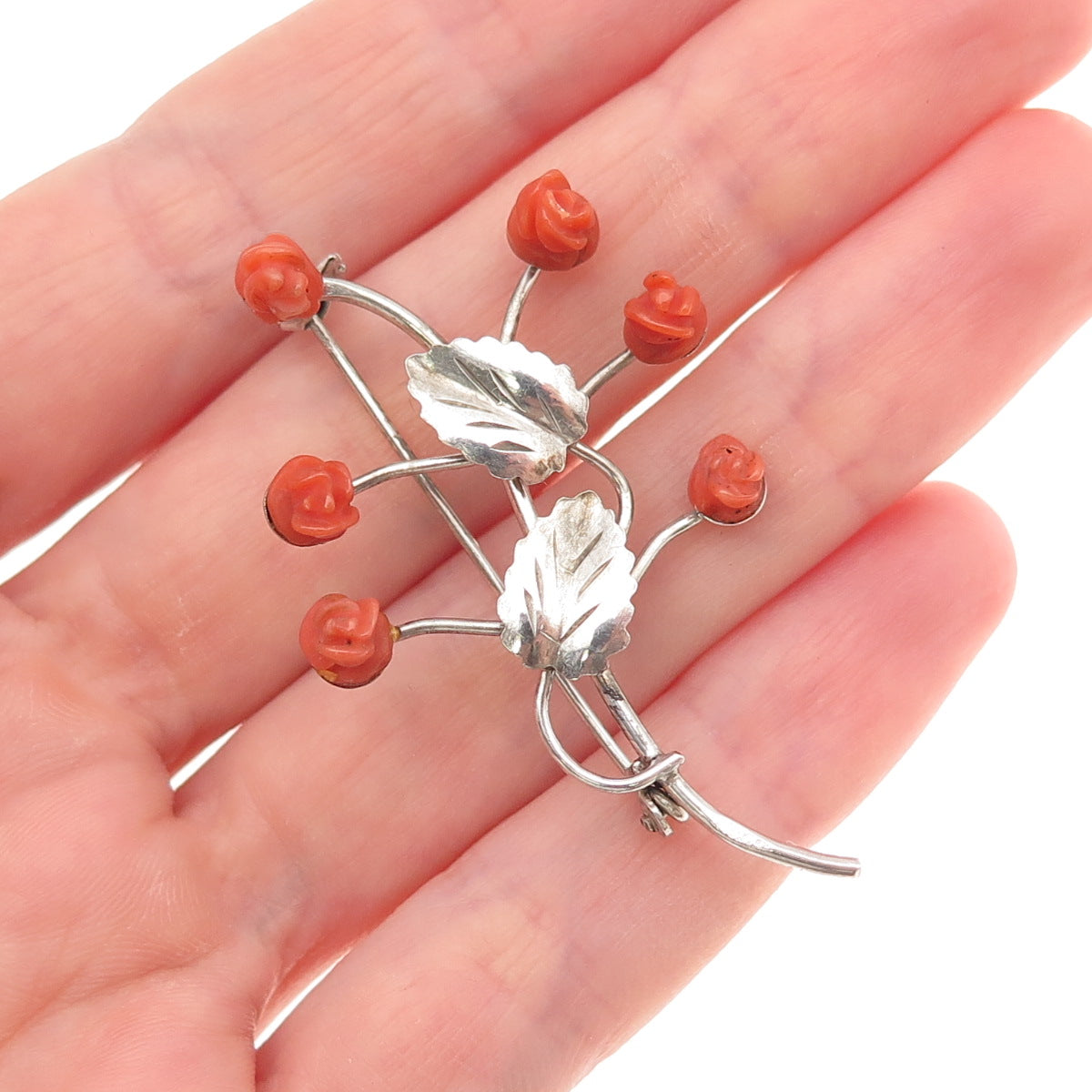 800 Silver Antique Art Deco Real Coral Rose Floral Oxidized Pin Brooch