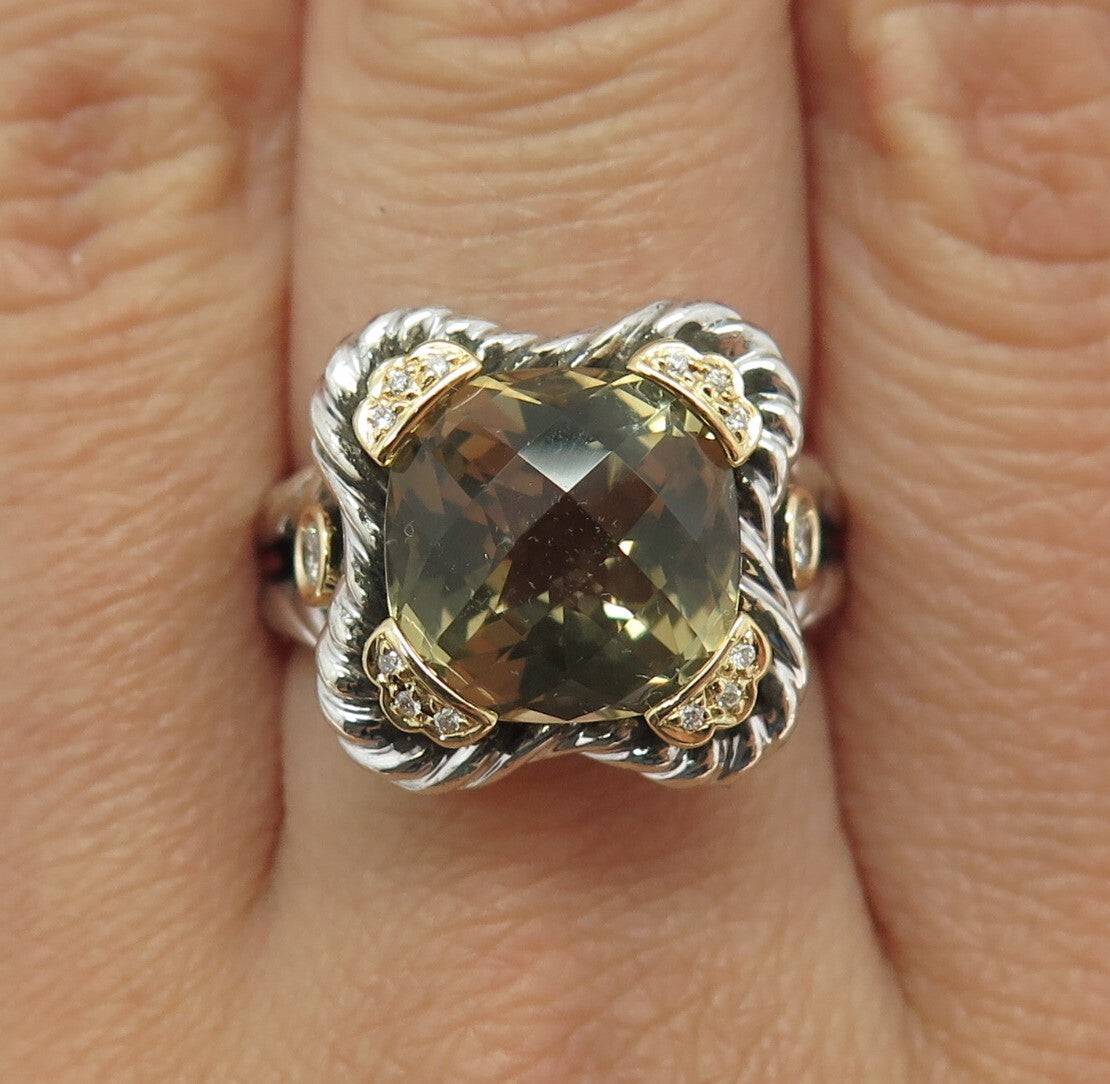 DANWAK 18K Gold Sterling 14 Diamond 0.13ct & Lemon Quartz 5.84ct Ring Size 7