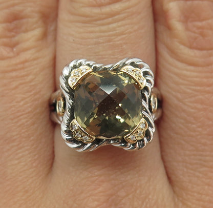 DANWAK 18K Gold Sterling 14 Diamond 0.13ct & Lemon Quartz 5.84ct Ring Size 7