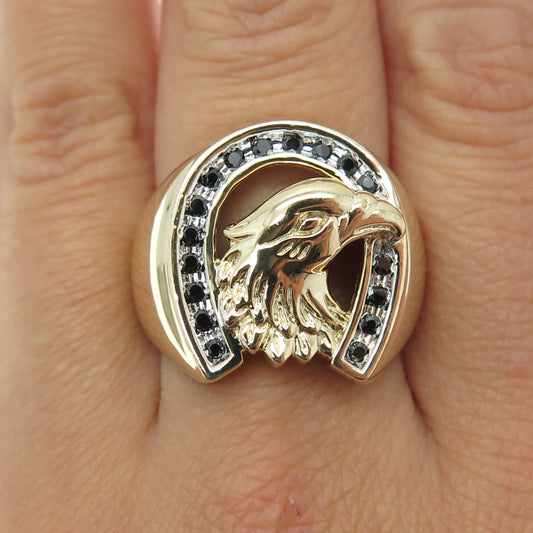 925 Sterling Silver Gold Plated Round Black C Z Horseshoe & Eagle Ring Size 9.25