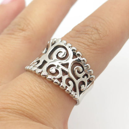 925 Sterling Silver Vintage Concaved Scroll & Beaded Ring Size 8