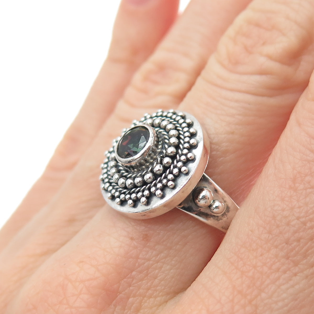 BC Silver Ned Bowman Sterling Vintage Mystic Quartz Beaded Oxidized Ring Size 8