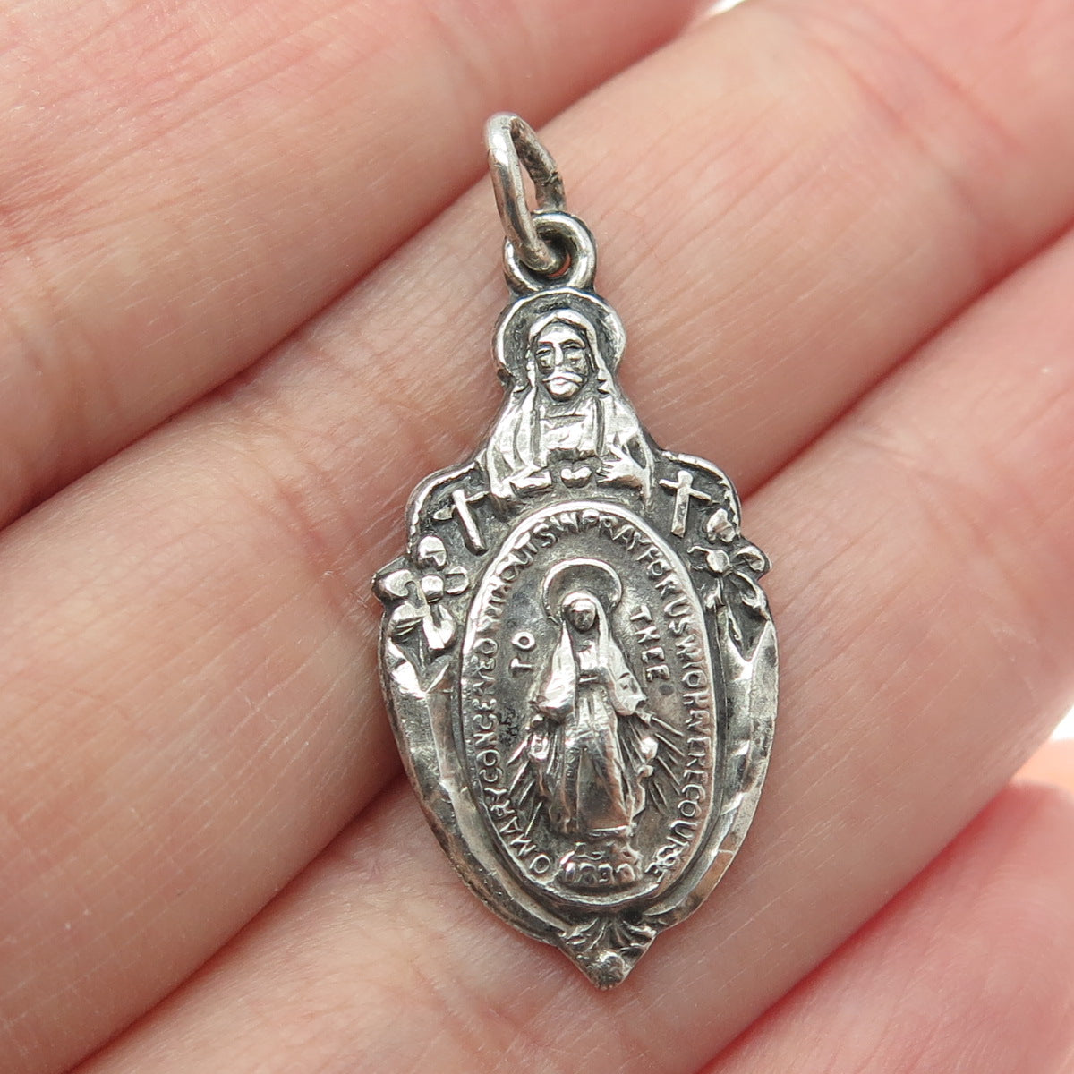 CREED 925 Sterling Silver Antique Art Deco St. Mary Jesus Oxidized Charm Pendant