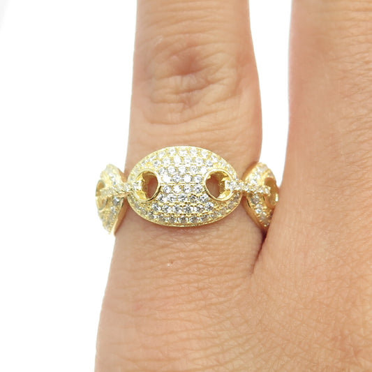 925 Sterling Silver Gold Plated Pave C Z Anchor Mariner Chain Band Ring Size 6