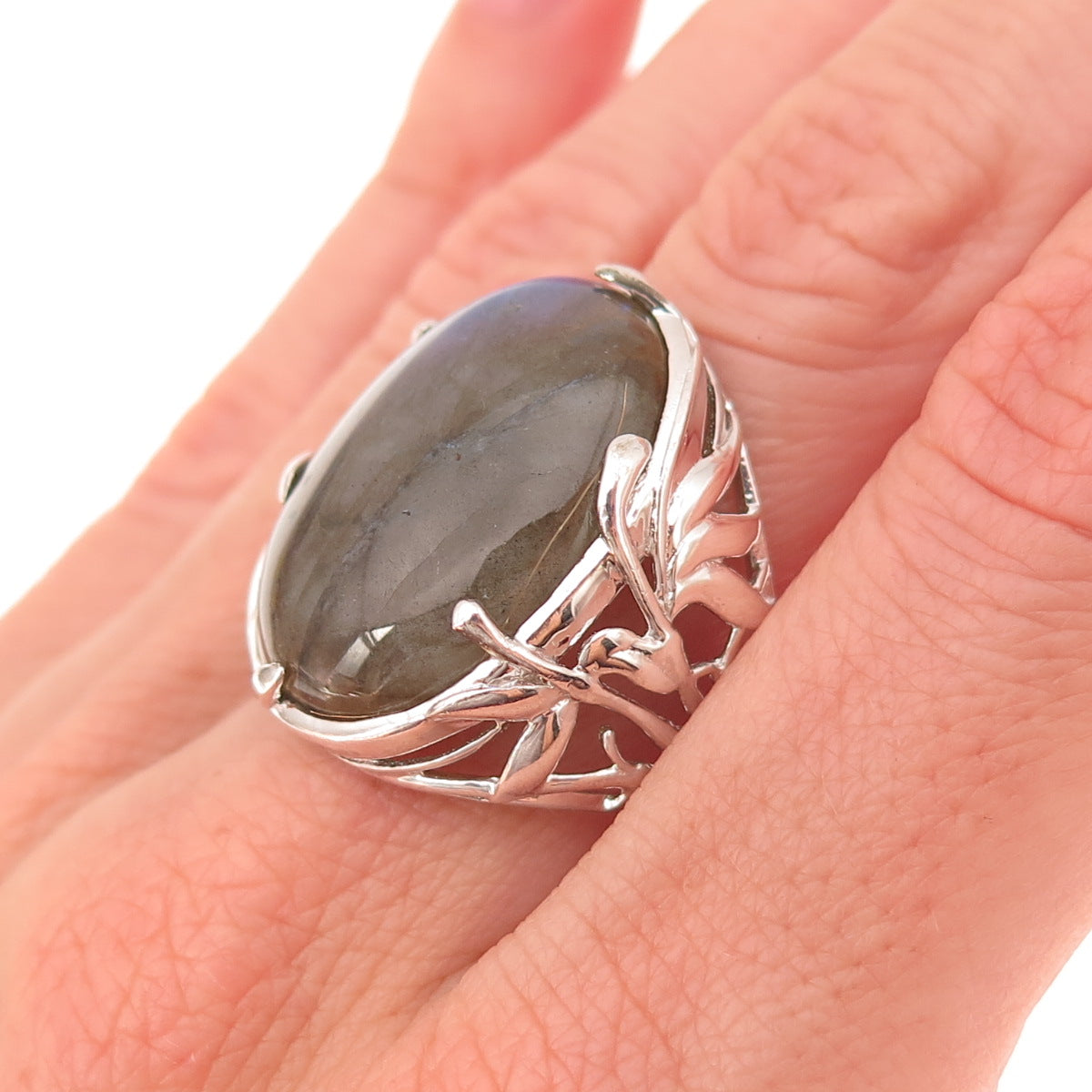 925 Sterling Silver Real Labradorite Floral Ring Size 8.25