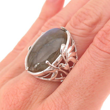 925 Sterling Silver Real Labradorite Floral Ring Size 8.25