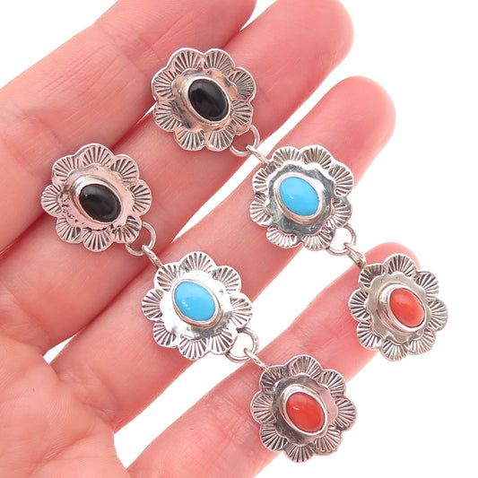 CAROL FELLEY 925 Sterling Silver Vintage 1991 Real Turquoise Onyx Coral Earrings