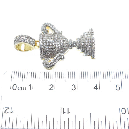 925 Sterling Silver Gold Plated Round-Cut C Z World / Champion Trophy Pendant