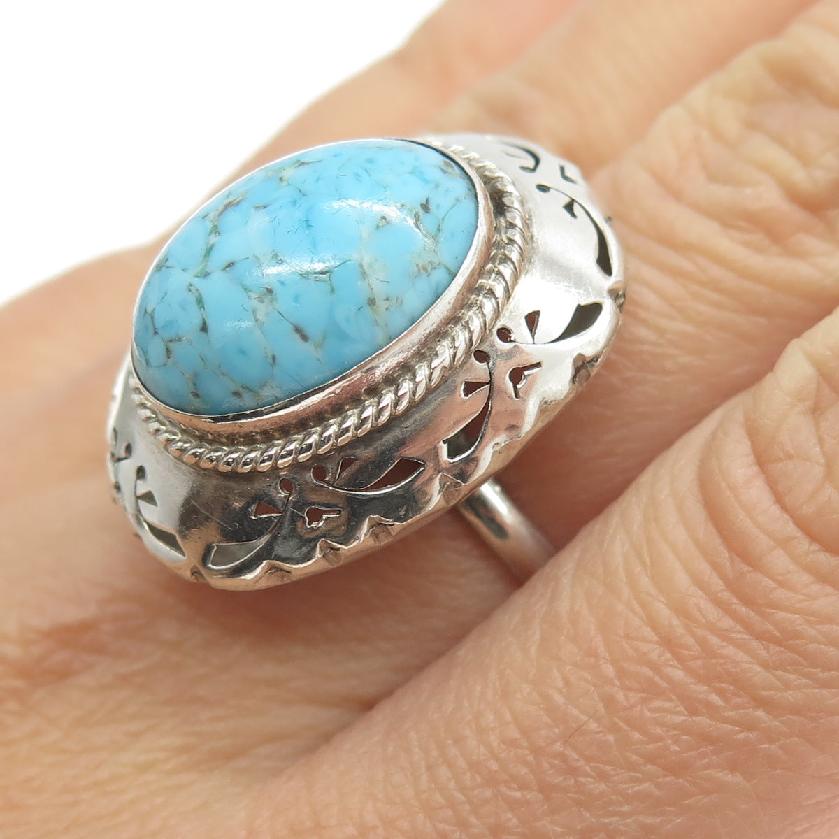 925 Sterling Silver Vintage Mexico Faux Turquoise Statement Ring Size 7.25