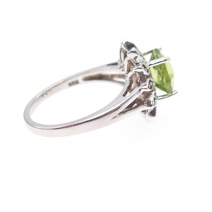 925 Sterling Silver Real Diamond & Peridot Flower Ring Size 7